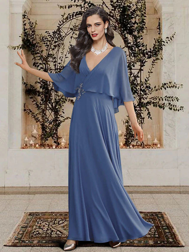 Wholesale A-Line Mother of the Bride Dress Elegant V Neck Floor Length Chiffon Half Sleeve with Crystal Brooch
